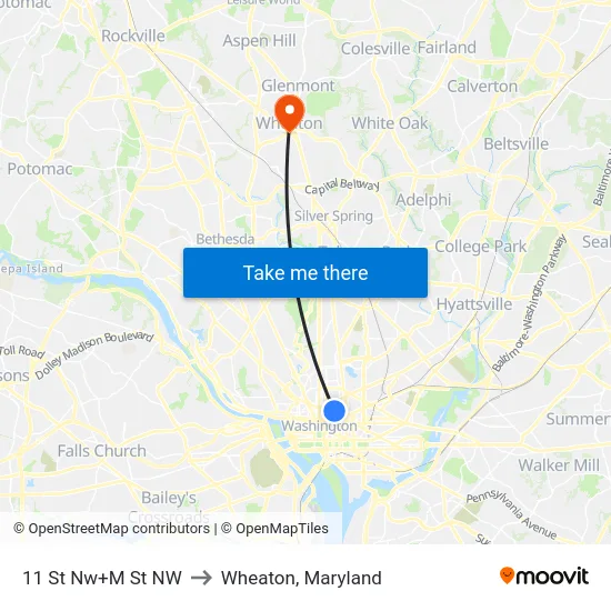 11 St Nw+M St NW to Wheaton, Maryland map