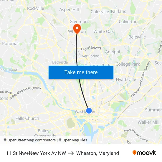 11 St Nw+New York Av NW to Wheaton, Maryland map
