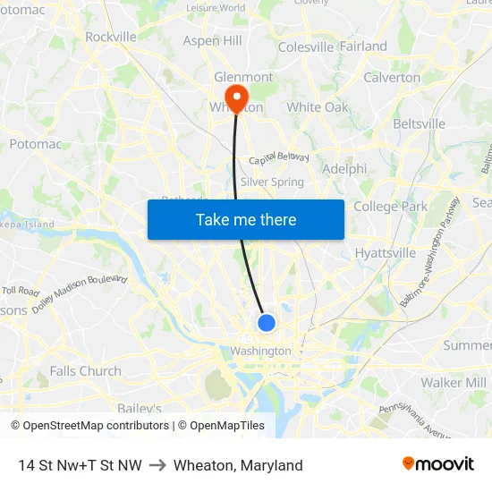 14 St Nw+T St NW to Wheaton, Maryland map