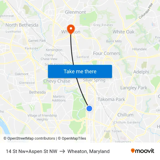 14 St Nw+Aspen St NW to Wheaton, Maryland map