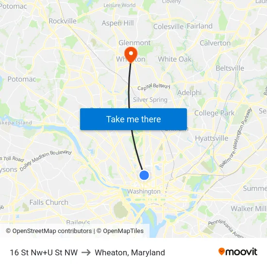 16 St Nw+U St NW to Wheaton, Maryland map