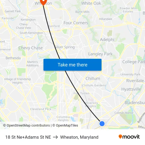 18 St Ne+Adams St NE to Wheaton, Maryland map