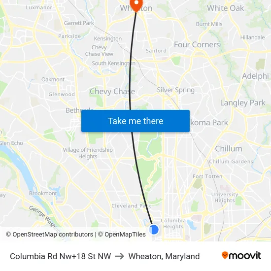 Columbia Rd Nw+18 St NW to Wheaton, Maryland map
