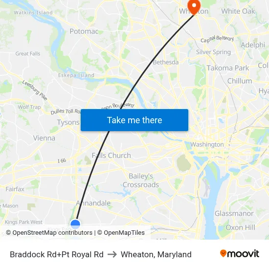 Braddock Rd+Pt Royal Rd to Wheaton, Maryland map