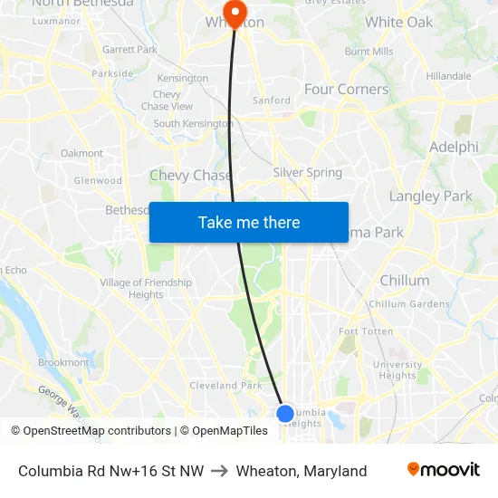 Columbia Rd Nw+16 St NW to Wheaton, Maryland map