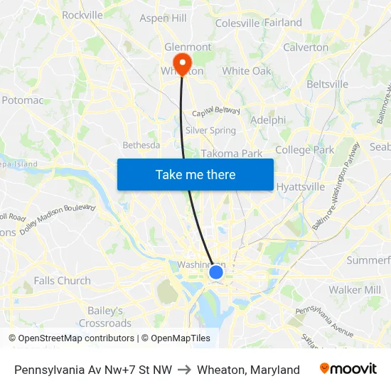 Pennsylvania Av Nw+7 St NW to Wheaton, Maryland map