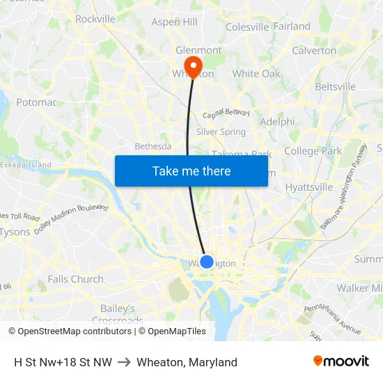H St Nw+18 St NW to Wheaton, Maryland map