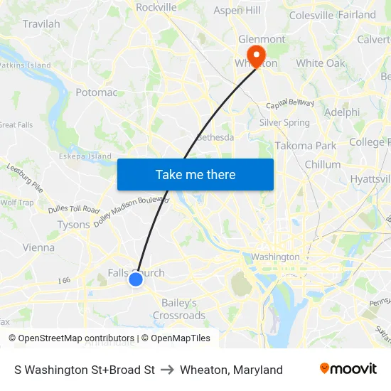 S Washington St+Broad St to Wheaton, Maryland map
