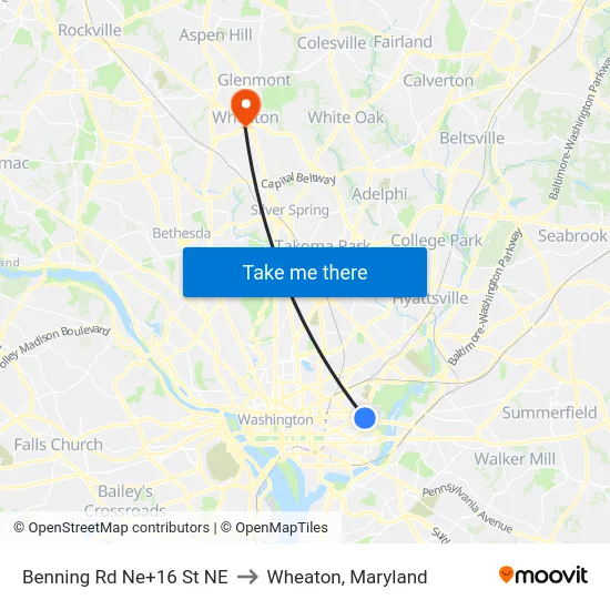 Benning Rd Ne+16 St NE to Wheaton, Maryland map