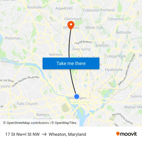 17 St Nw+I St NW to Wheaton, Maryland map