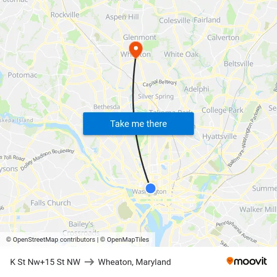 K St Nw+15 St NW to Wheaton, Maryland map