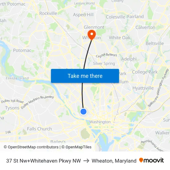 37 St Nw+Whitehaven Pkwy NW to Wheaton, Maryland map
