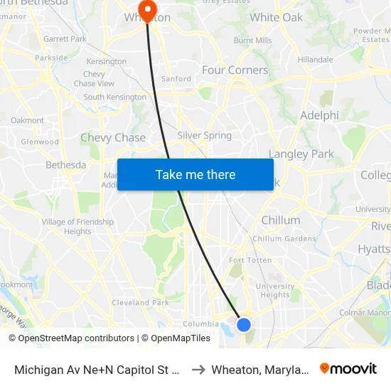 Michigan Av Ne+N Capitol St NE to Wheaton, Maryland map