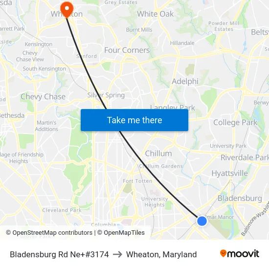 Bladensburg Rd Ne+#3174 to Wheaton, Maryland map