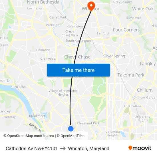 Cathedral Av Nw+#4101 to Wheaton, Maryland map