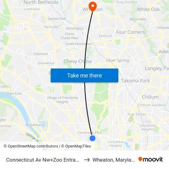 Connecticut Av Nw+Zoo Entrance to Wheaton, Maryland map