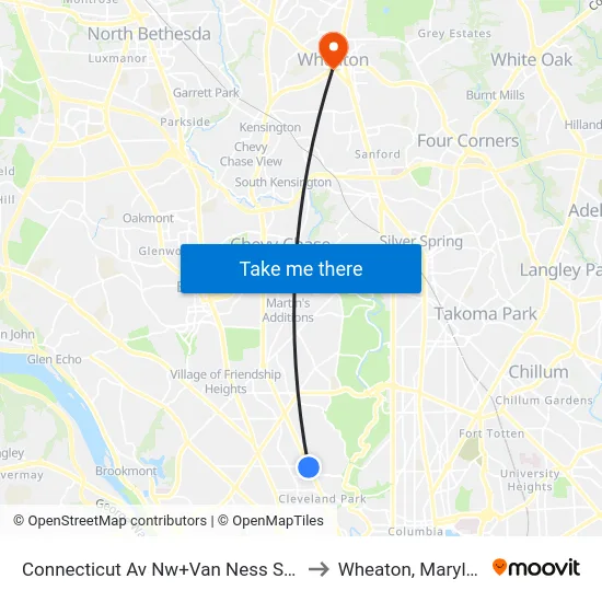 Connecticut Av Nw+Van Ness St NW to Wheaton, Maryland map