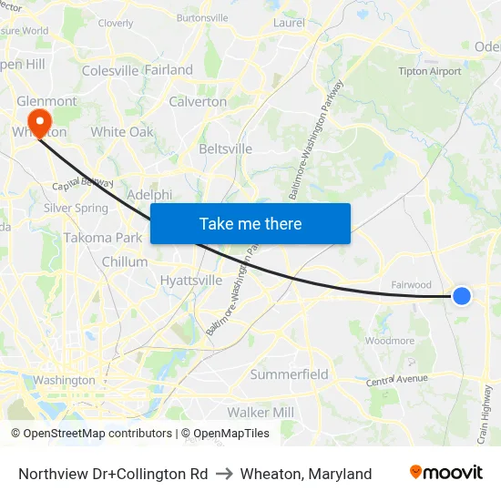 Northview Dr+Collington Rd to Wheaton, Maryland map