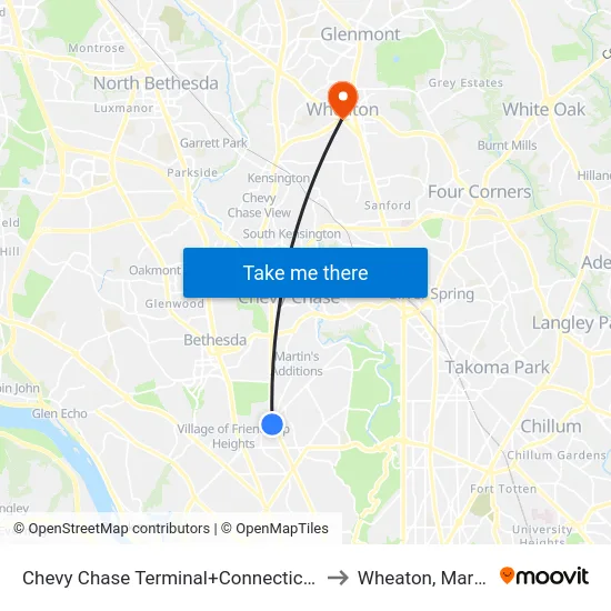 Chevy Chase Terminal+Connecticut Av NW to Wheaton, Maryland map