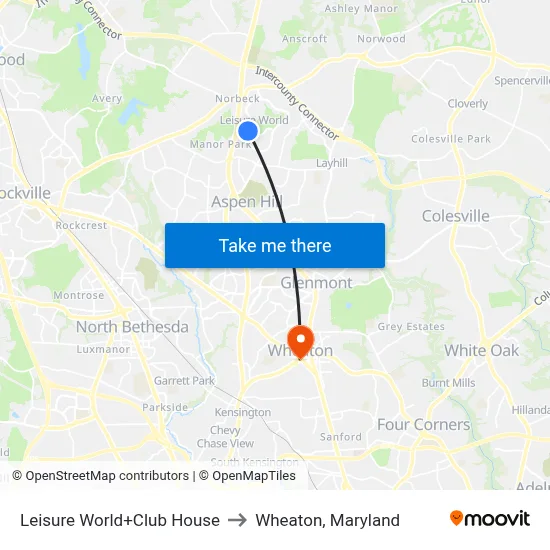 Leisure World+Club House to Wheaton, Maryland map