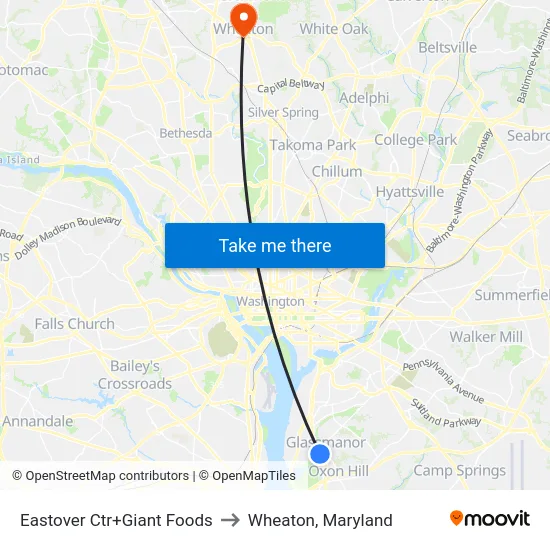 Eastover Ctr+Giant Foods to Wheaton, Maryland map