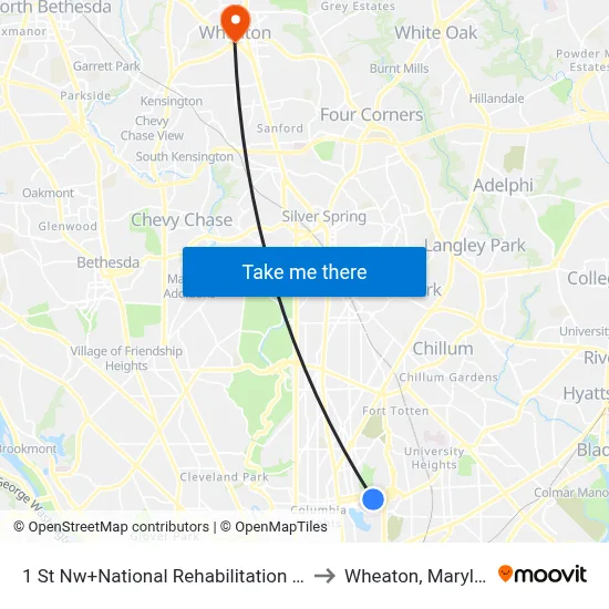 1 St Nw+National Rehabilitation Hosp to Wheaton, Maryland map