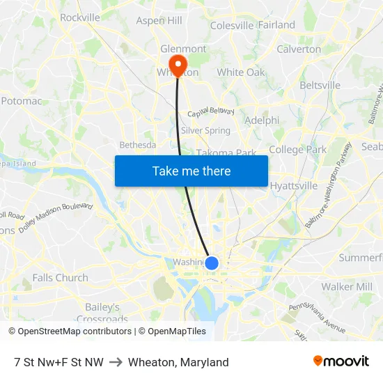 7 St Nw+F St NW to Wheaton, Maryland map
