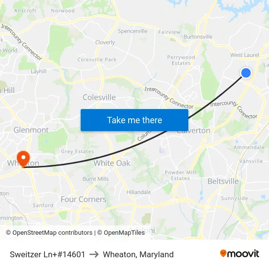 Sweitzer Ln+#14601 to Wheaton, Maryland map