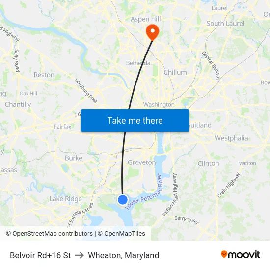 Belvoir Rd+16 St to Wheaton, Maryland map