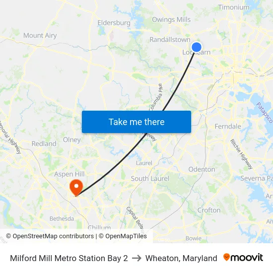 Milford Mill Metro Station Bay 2 to Wheaton, Maryland map