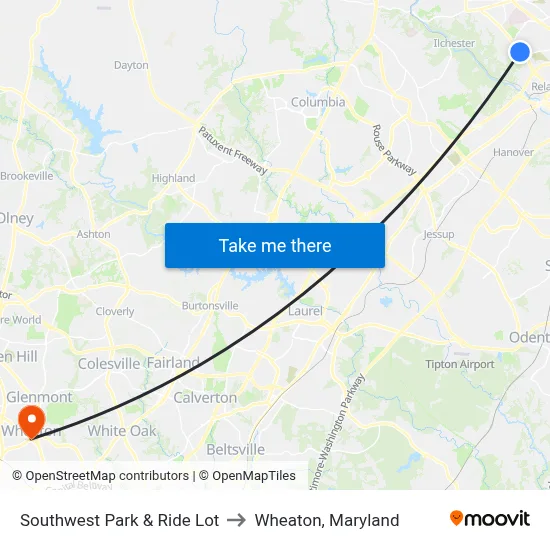 Southwest Park & Ride Lot to Wheaton, Maryland map