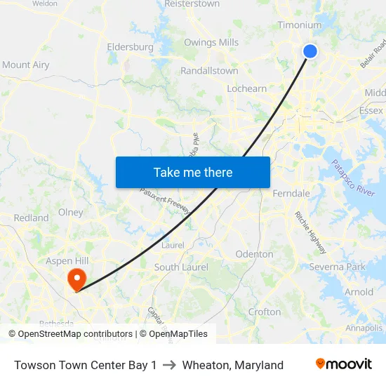 Towson Town Center Bay 1 to Wheaton, Maryland map