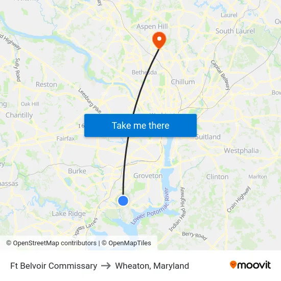 Ft Belvoir Commissary to Wheaton, Maryland map