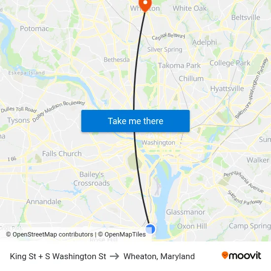 King St + S Washington St to Wheaton, Maryland map