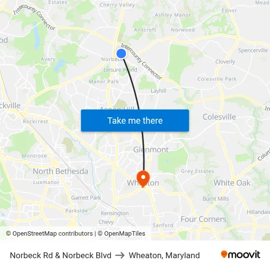 Norbeck Rd & Norbeck Blvd to Wheaton, Maryland map