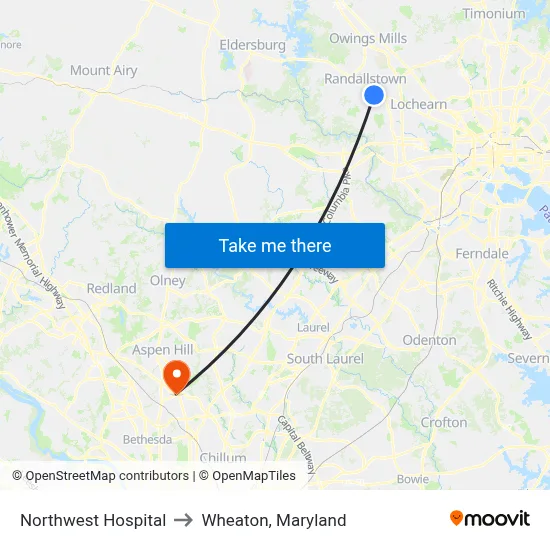 Northwest Hospital to Wheaton, Maryland map