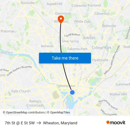 7th St @ E St SW to Wheaton, Maryland map
