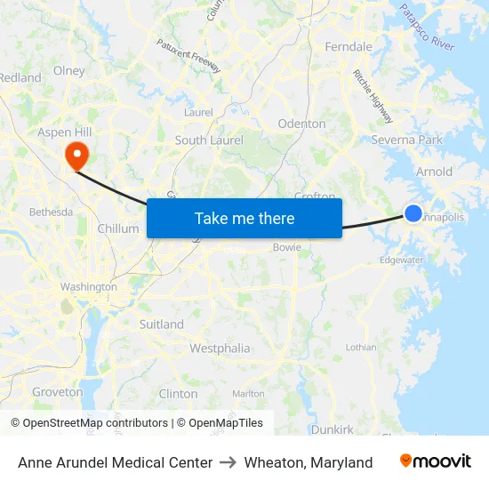 Anne Arundel Medical Center to Wheaton, Maryland map
