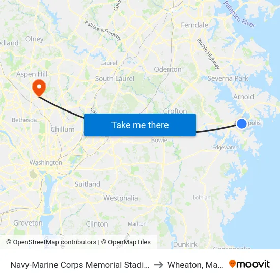 Navy-Marine Corps Memorial Stadium (Stop 1) to Wheaton, Maryland map
