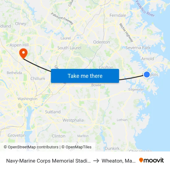 Navy-Marine Corps Memorial Stadium (Stop 3) to Wheaton, Maryland map