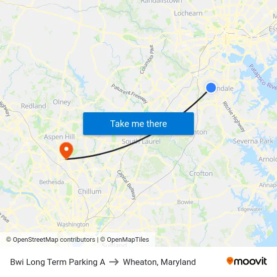 Bwi Long Term Parking A to Wheaton, Maryland map