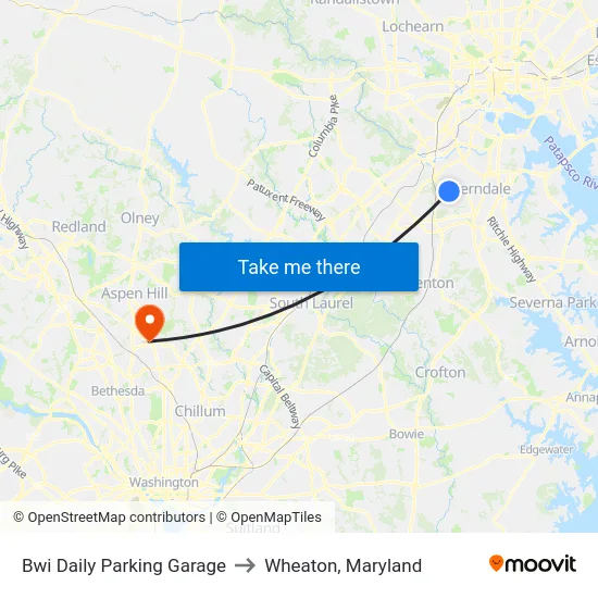 Bwi Daily Parking Garage to Wheaton, Maryland map