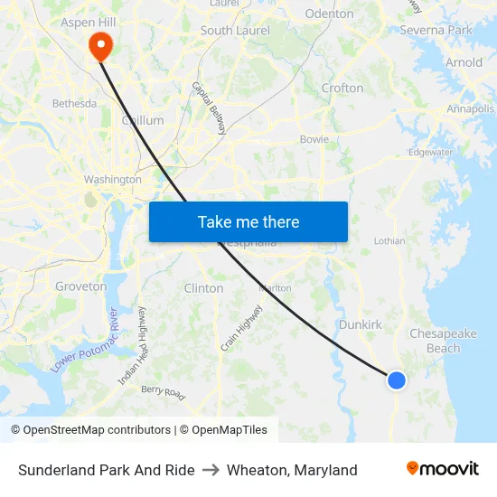 Sunderland Park And Ride to Wheaton, Maryland map