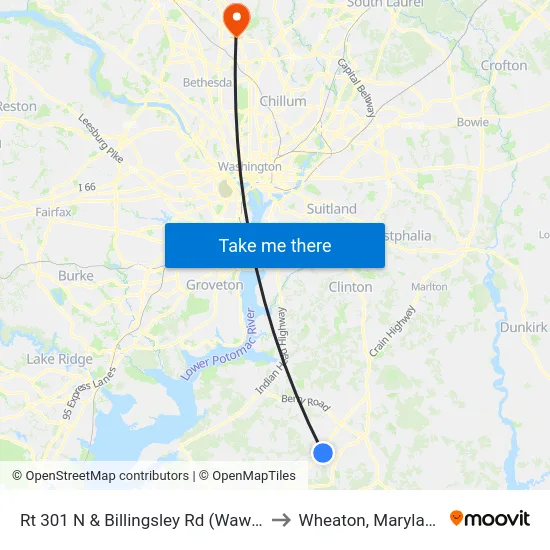 Rt 301 N & Billingsley Rd (Wawa) to Wheaton, Maryland map