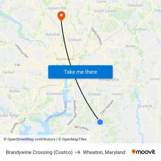 Brandywine Crossing (Costco) to Wheaton, Maryland map