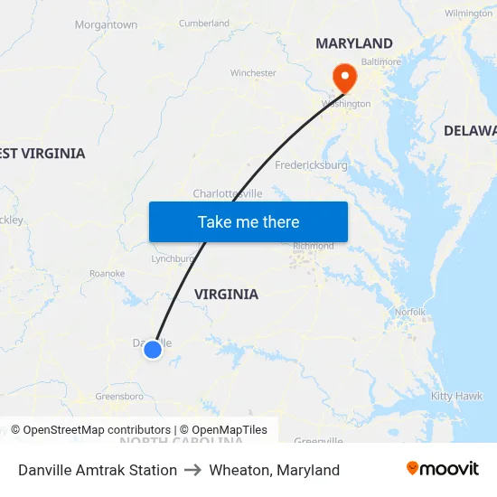 Danville Amtrak Station to Wheaton, Maryland map