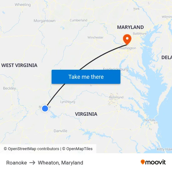 Roanoke to Wheaton, Maryland map