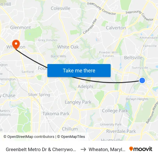 Greenbelt Metro Dr & Cherrywood Ln to Wheaton, Maryland map