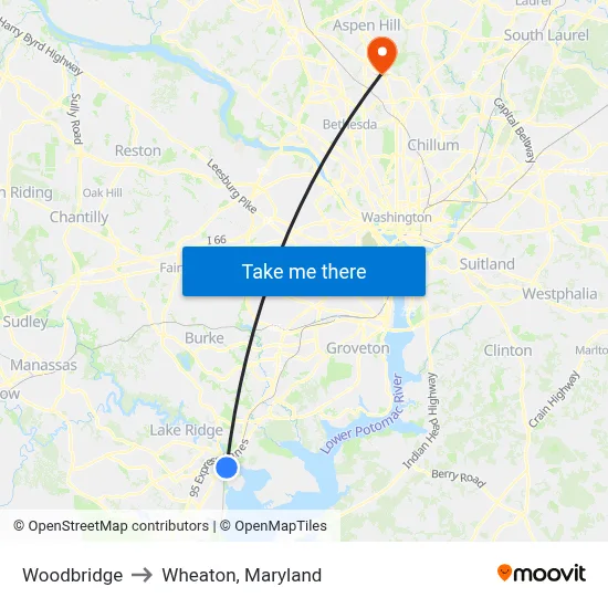 Woodbridge to Wheaton, Maryland map