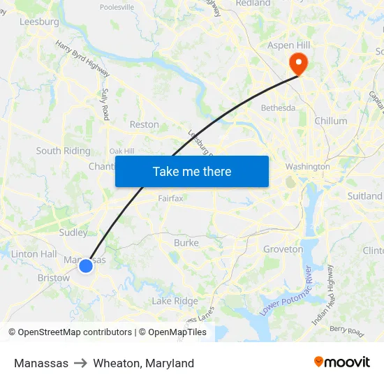 Manassas to Wheaton, Maryland map